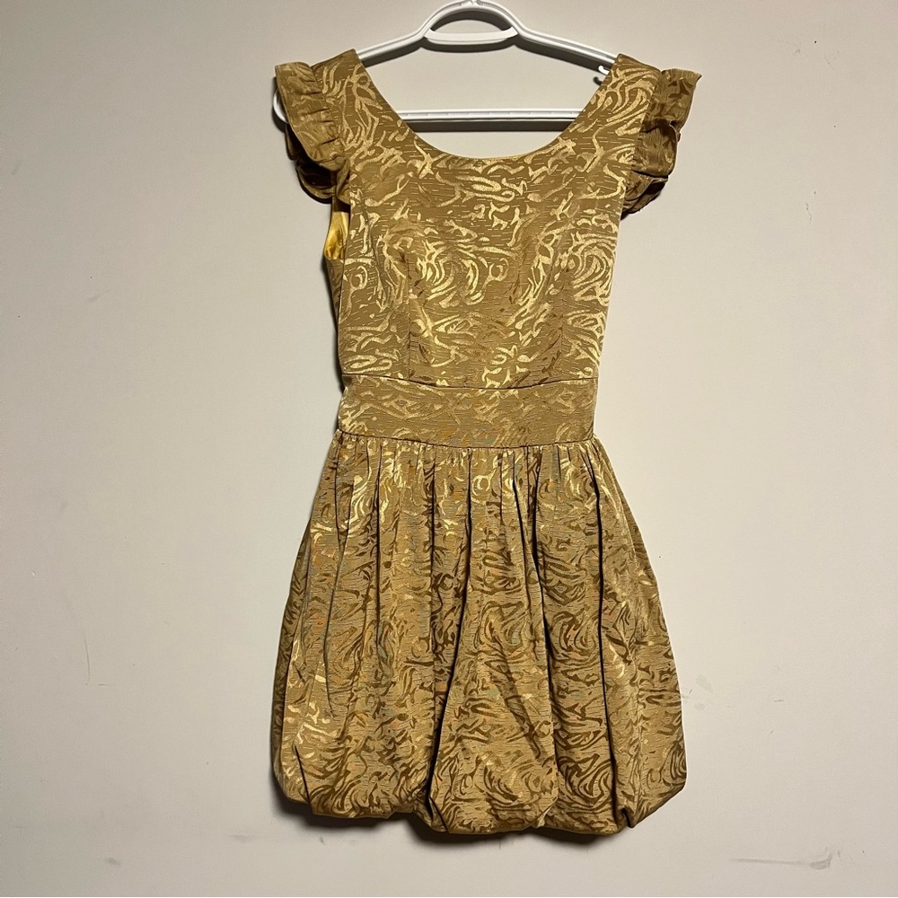 Angel Eye Bubble Skirt Ruffle Sleeve Dress Scoop Neck Tie Waist Cinched Small S